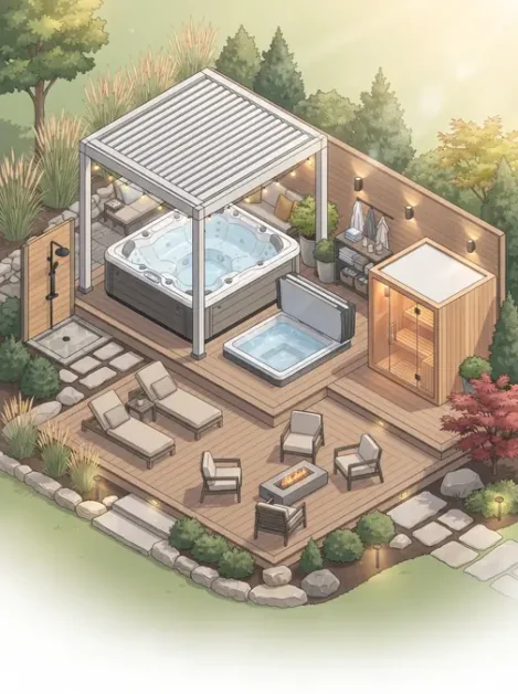 The Wellness Hut: How to Build the Ultimate Backyard Spa Retreat in 6 Backyard spa setup with hot tub, covered pergola, sauna, lounge chairs, and fire pit