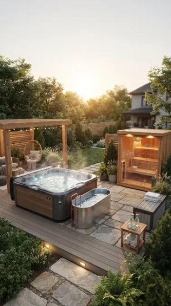 The Wellness Hut: How to Build the Ultimate Backyard Spa Retreat in 2 Outdoor backyard spa area with a wooden wellness hut, hot tub, sauna, and seating under pergola at sunset