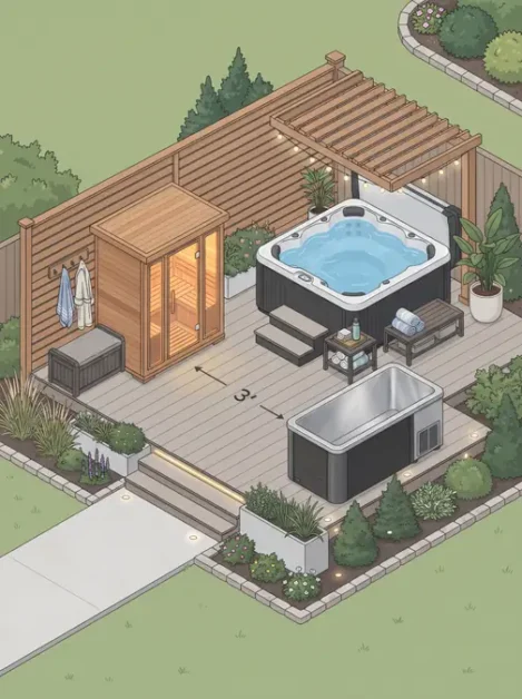 The Wellness Hut: How to Build the Ultimate Backyard Spa Retreat in 5 Backyard wellness area with hot tub, sauna, plunge pool, and plants