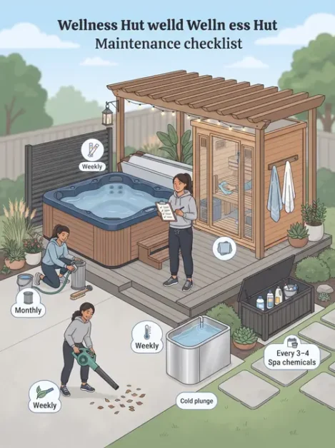 The Wellness Hut: How to Build the Ultimate Backyard Spa Retreat in 7 Illustration of Wellness Hut backyard spa with people performing weekly and monthly maintenance tasks
