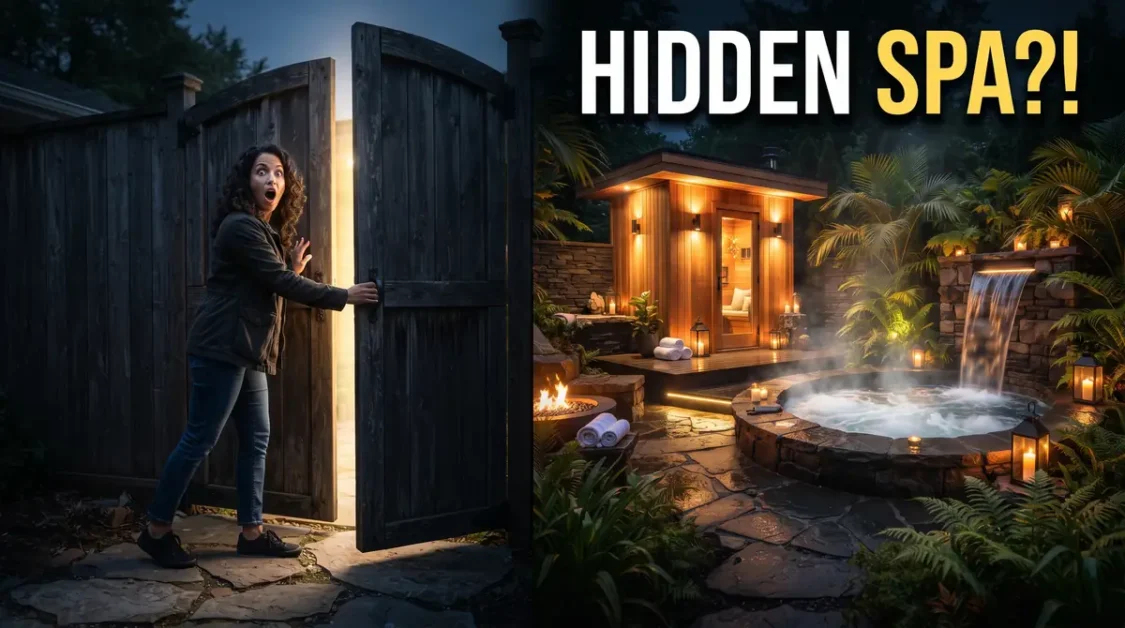 Surprised woman opening wooden gate to reveal illuminated backyard spa with hot tub and waterfall