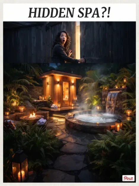 The Wellness Hut: How to Build the Ultimate Backyard Spa Retreat in 3 Woman opening wooden gate surprised to see backyard spa with hot tub, sauna, and fire pit lit at night