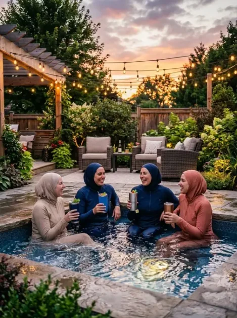 Party Drinks for Your Hot Tub: 20 Refreshing Ideas for Every Gathering 4 Four women in modest swimwear sitting in a backyard hot tub holding drinks, smiling and chatting at sunset