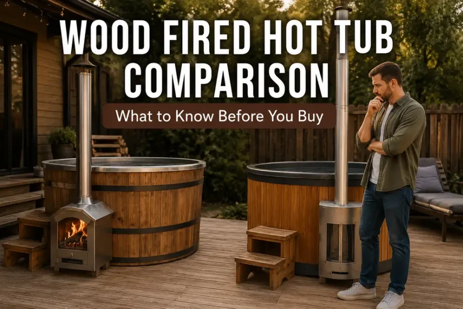Homeowner comparing wood-fired hot tub options on a backyard patio with bold buying guide title overlay.