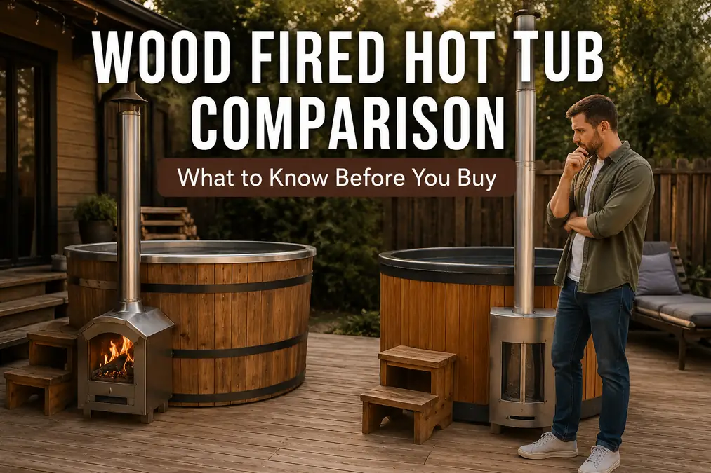 Homeowner comparing wood-fired hot tub options on a backyard patio with bold buying guide title overlay.