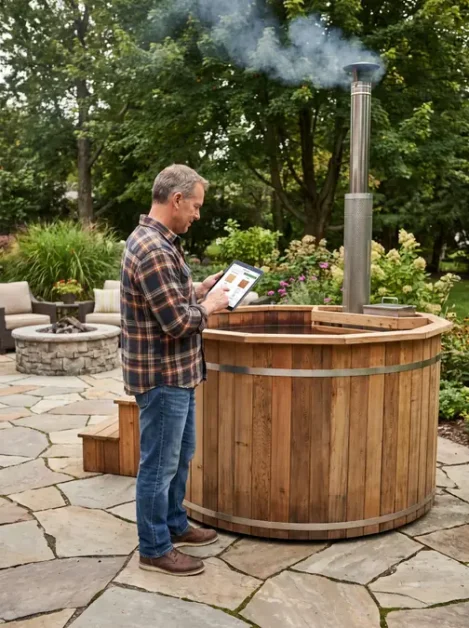 A homeowner standing beside a wood-fired hot tub on a backyard patio, comparing options on a tablet.