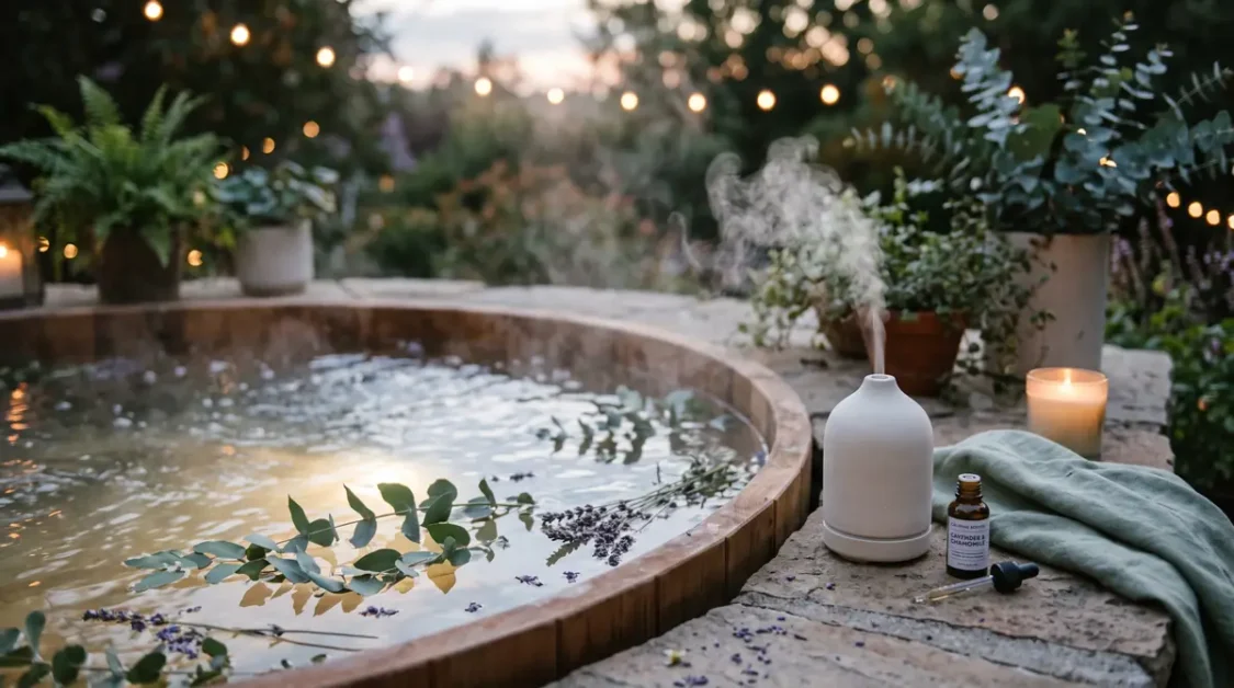 Calming Scents for Hot Tubs: Best Picks for Stress Relief 4 A wooden hot tub with eucalyptus and lavender in the water, a white diffuser, essential oil bottle, candle, and towel nearby