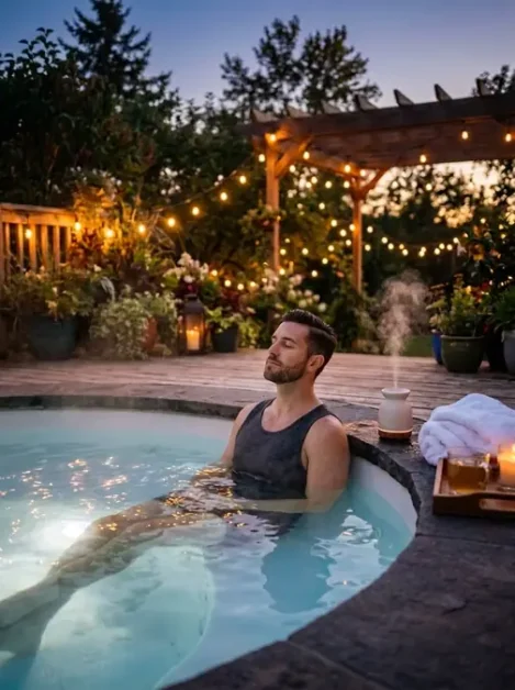 Calming Scents for Hot Tubs: Best Picks for Stress Relief 2 Man sitting in outdoor hot tub with eyes closed and scented diffuser nearby