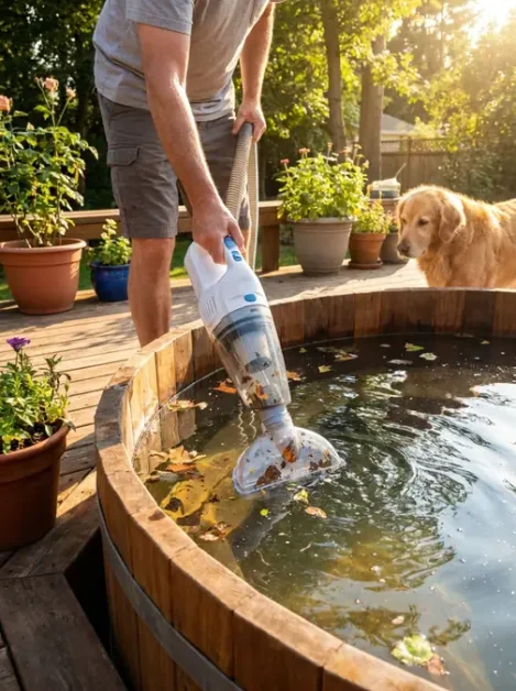 Hot Tub and Debris: How to Remove It and Keep Your Spa Clean 3 Person using a vacuum cleaner to remove leaves from a wooden hot tub with a golden retriever watching