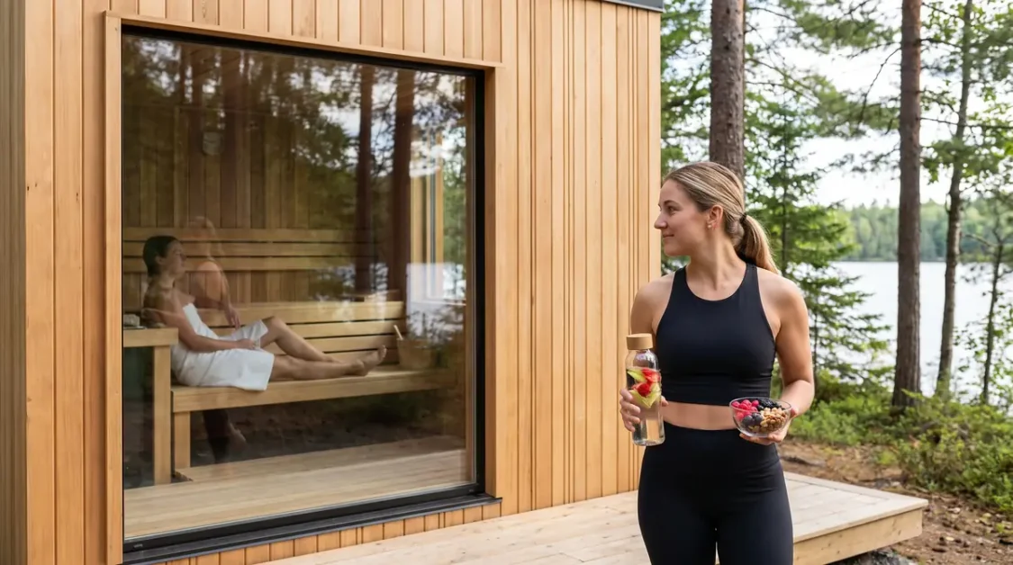 Woman with bowl of berries and nuts and a bottle near sauna with woman inside wrapped in towel