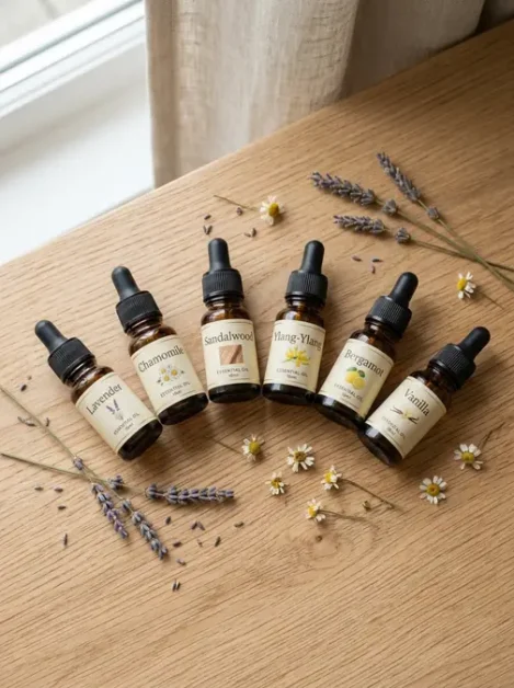 Calming Scents for Hot Tubs: Best Picks for Stress Relief 5 Six essential oil bottles with labels and dried lavender and chamomile on wooden table