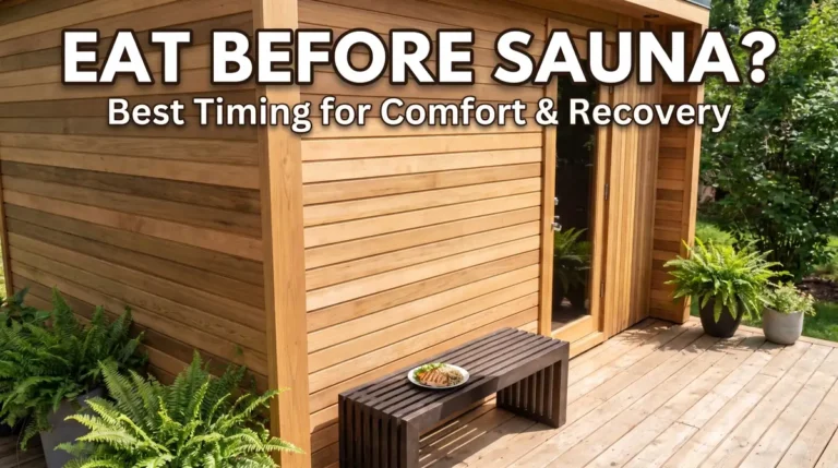 Eating in the Sauna: Is It Safe? What to Eat Before, During & After 9 Food plate on a bench outside a wooden sauna surrounded by plants