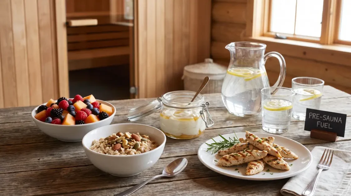 Table with healthy pre-sauna meal including fruit bowl, yogurt, oatmeal with nuts, grilled chicken, and lemon water
