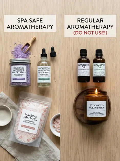 Spa safe aromatherapy products on the left and regular aromatherapy products not for hot tubs on the right