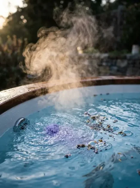 Hot tub water steaming with floating aromatic herbs and lavender buds