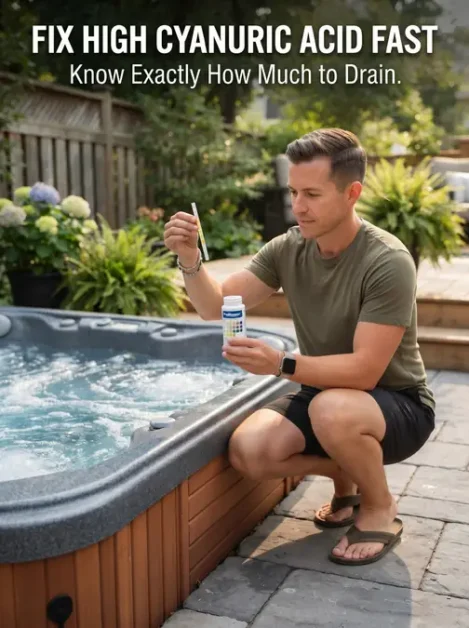 Hot Tub CYA Dilution Calculator: Fix High Cyanuric Acid 2 Man kneeling by hot tub testing water with test strip and reagent bottle