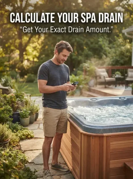 Hot Tub CYA Dilution Calculator: Fix High Cyanuric Acid 1 Man standing next to bubbling hot tub using a calculator on his phone outdoors