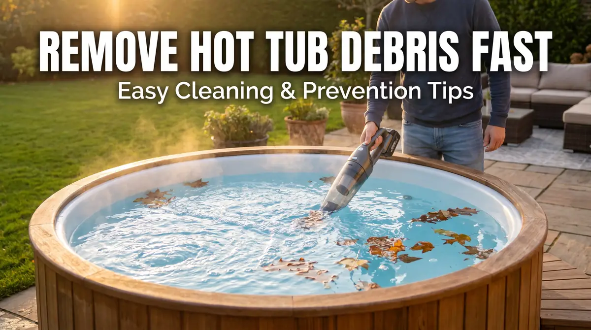 Hot Tub and Debris: How to Remove It and Keep Your Spa Clean 1 Person using handheld vacuum to remove leaves from a hot tub outdoors