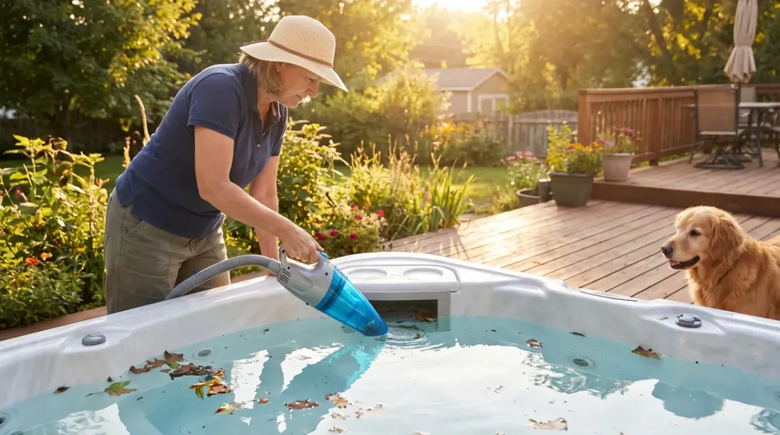 Hot Tub and Debris: How to Remove It and Keep Your Spa Clean 2 Woman vacuuming leaves and debris from outdoor hot tub while dog watches