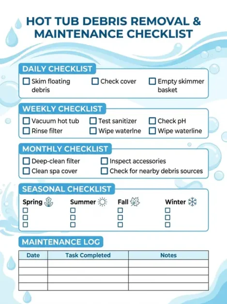 Hot Tub and Debris: How to Remove It and Keep Your Spa Clean 5 Checklist for hot tub debris removal and maintenance tasks by daily, weekly, monthly, and seasonal schedules