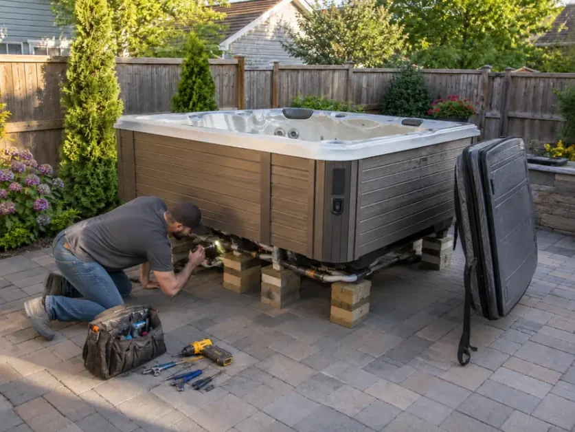 How to Lift a Hot Tub for Repair Safely 5 Man kneeling and inspecting plumbing under a raised hot tub in a backyard