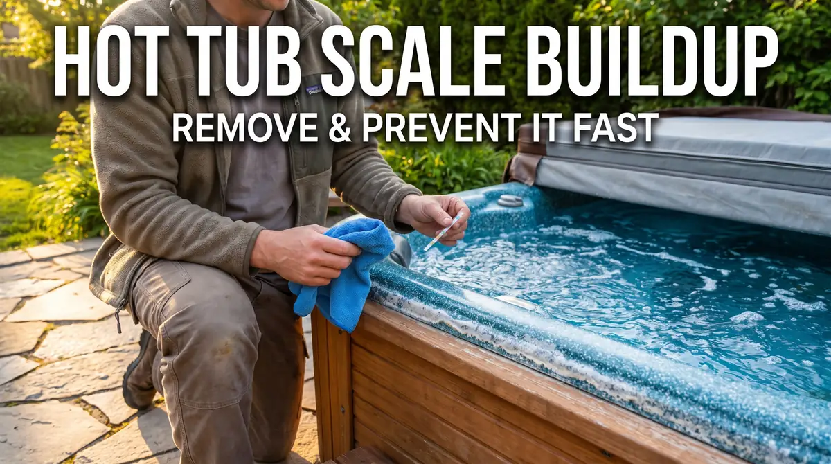 Man checking hot tub water with test strip and cleaning scale buildup on edge