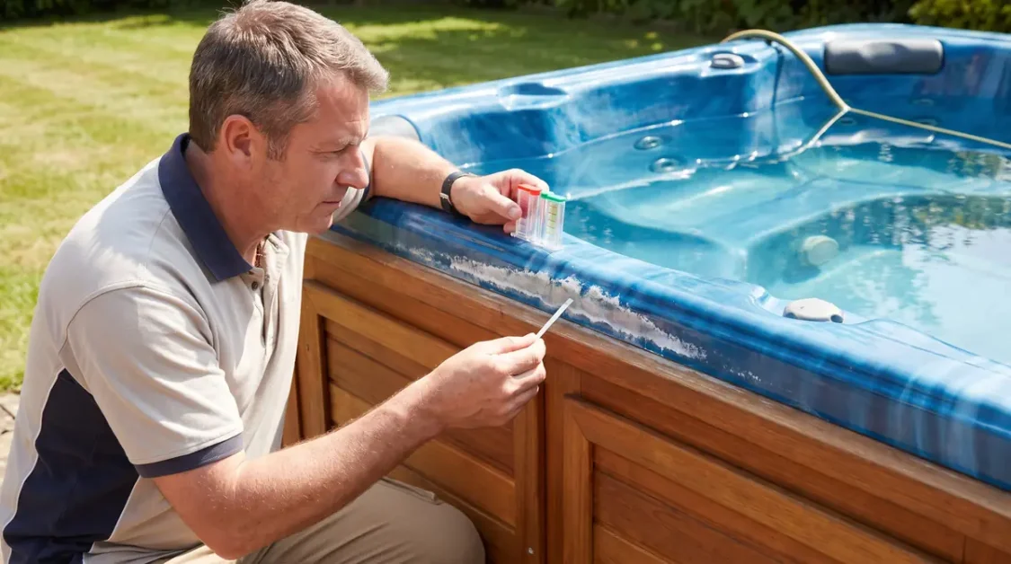 Man checking white scale buildup on the edge of a blue hot tub outdoors