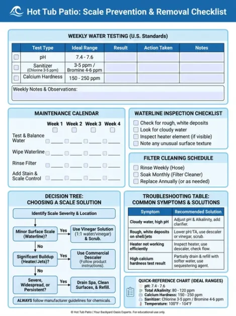 Checklist for hot tub scale prevention with weekly water testing, maintenance calendar, inspections, and troubleshooting
