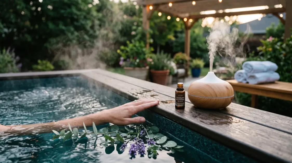 Person's hand resting on edge of hot tub near essential oil diffuser and lavender sprigs