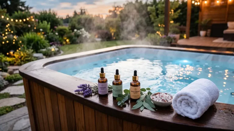 Best Hot Tub Scents: 2 Three aromatherapy bottles with lavender, eucalyptus, and sweet orange, a towel, and a bowl by a steaming hot tub