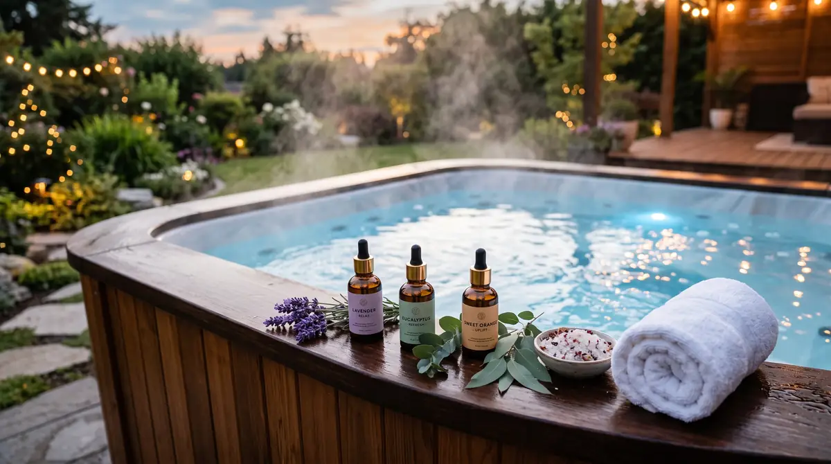 Three aromatherapy bottles with lavender, eucalyptus, and sweet orange, a towel, and a bowl by a steaming hot tub