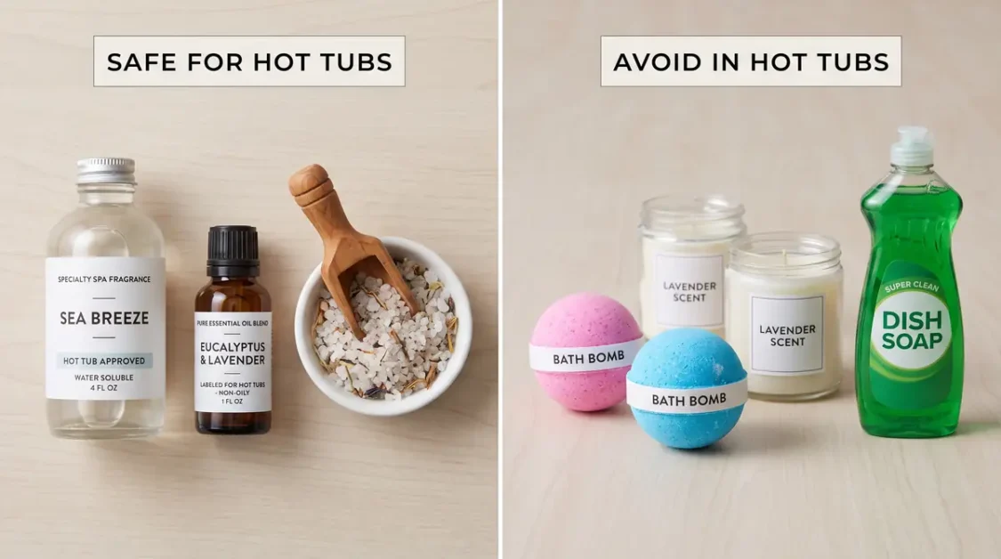 Two groups of items labeled safe and avoid for hot tubs including sea breeze fragrance, eucalyptus and lavender oil, bath salts, bath bombs, lavender scented candles, and dish soap