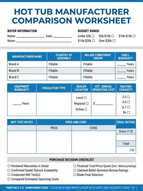 Hot Tubs Made: Where They're Built, Top U.S. Manufacturers & Buying Guide 5 Printable worksheet for comparing hot tub manufacturers and their features
