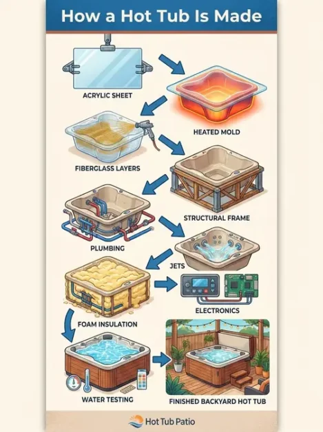 Hot Tubs Made: Where They're Built, Top U.S. Manufacturers & Buying Guide 4 Illustration showing the step-by-step process of making a hot tub from acrylic sheet to finished backyard hot tub