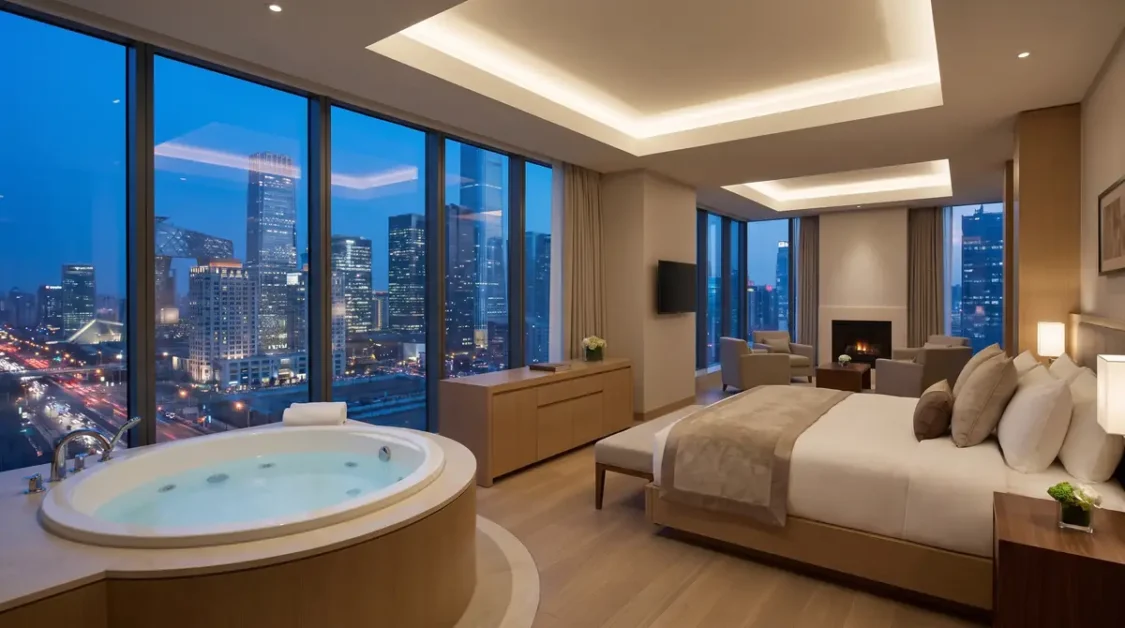 Hotel room with king bed, round in-room hot tub, and large windows showing city skyline at dusk