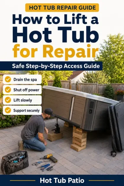 How to Lift a Hot Tub for Repair Safely 2 Man lifting a hot tub for repair using blocks and tools on a patio