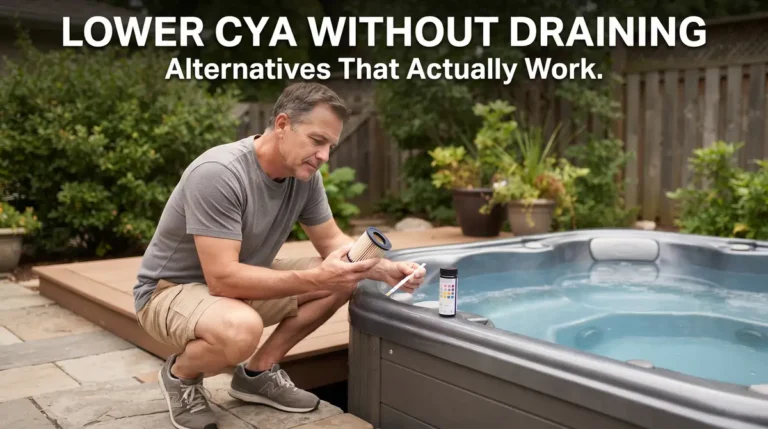 Man kneeling by a hot tub holding a water test strip and filter cartridge