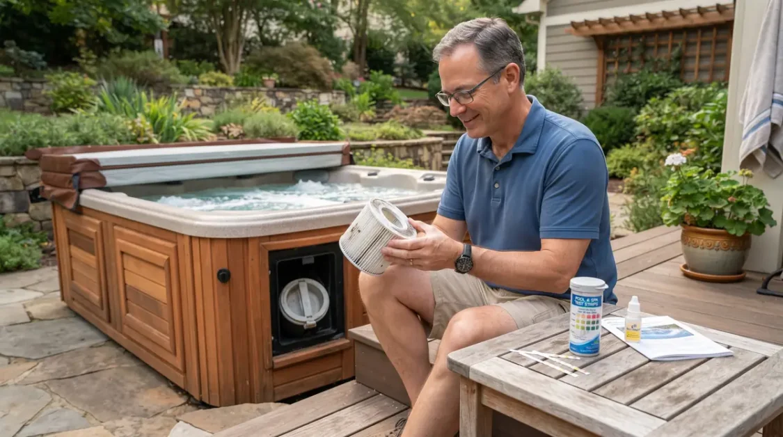 How to Lower Cyanuric Acid in a Hot Tub Without Draining It 2 Man sitting by hot tub holding and inspecting a hot tub filter outdoors