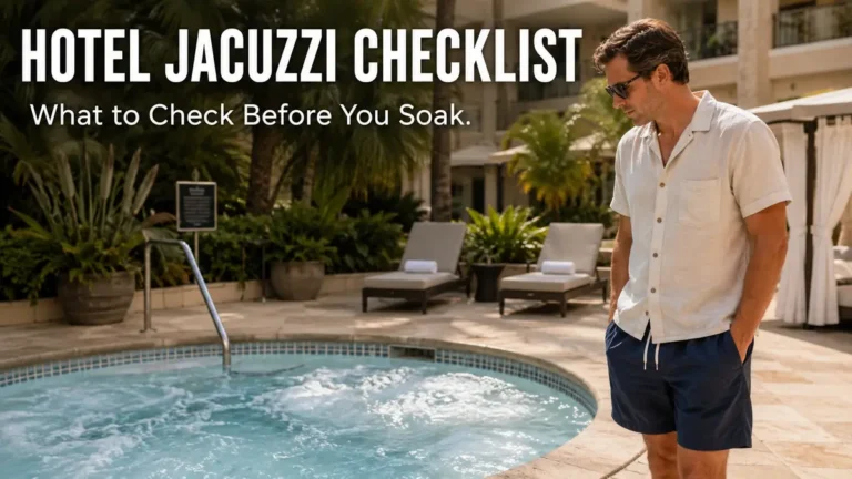 Is It Safe to Use a Hotel Jacuzzi? Cleanliness, Germs & Safety 1 Hotel guest checking a jacuzzi before use as part of a hotel hot tub safety guide.