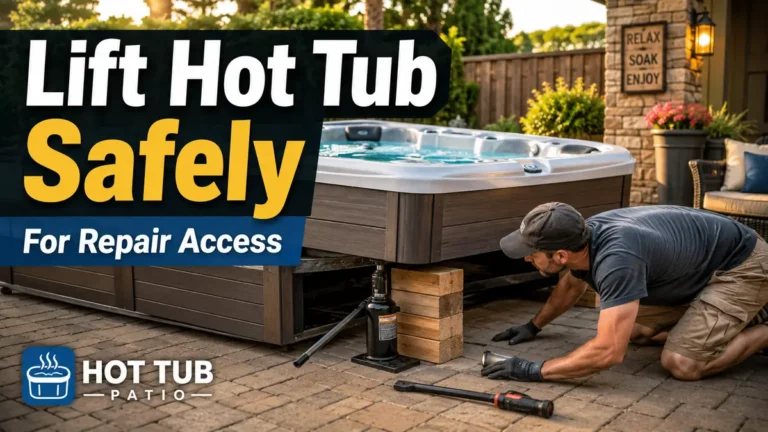 Man wearing gloves lifting a hot tub using a jack and wooden blocks on a patio