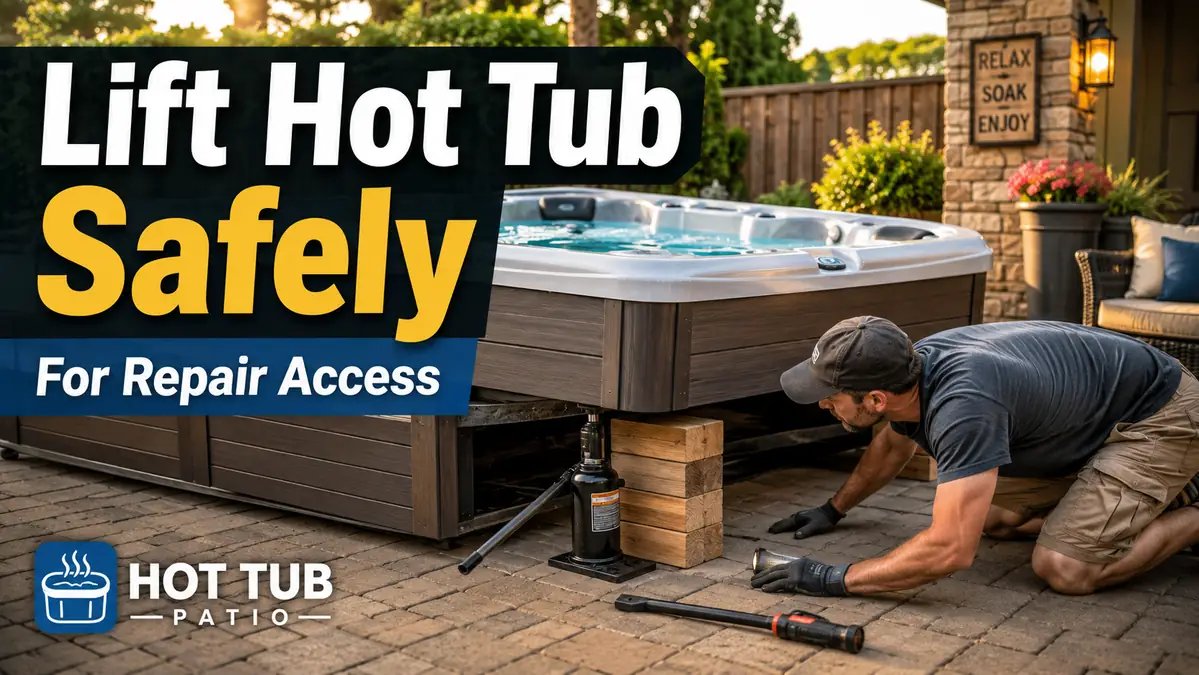 How to Lift a Hot Tub for Repair Safely 1 Man wearing gloves lifting a hot tub using a jack and wooden blocks on a patio