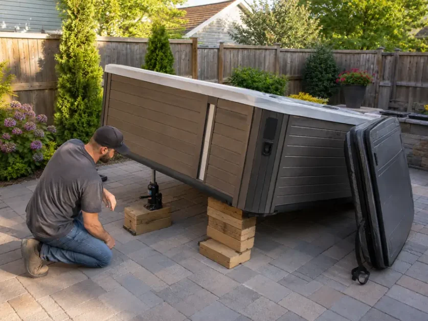 How to Lift a Hot Tub for Repair Safely 4 Man kneeling next to a hot tub raised on stacked wooden blocks and a jack on a backyard patio