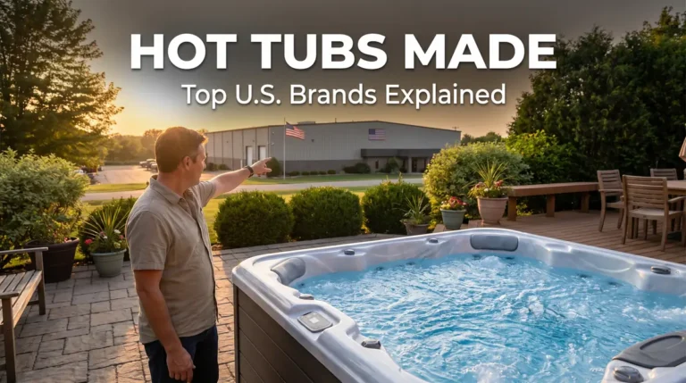 Hot Tubs Made: Where They're Built, Top U.S. Manufacturers & Buying Guide 7 Man pointing at a hot tub filled with bubbling water on a patio during sunset