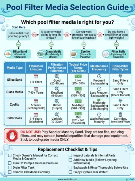 Pool Sand Types: Crystal-Clear Water with the Right Filter Sand 8 Flowchart and comparison table showing different pool filter media types and their features