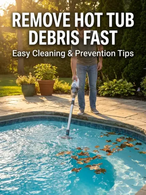 Hot Tub and Debris: How to Remove It and Keep Your Spa Clean 4 Person using a handheld vacuum to clean leaves from a hot tub outdoors