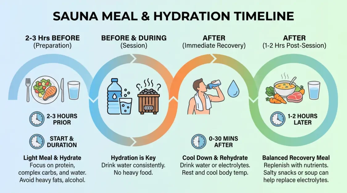 Infographic showing meal and hydration timeline before, during, and after a sauna session