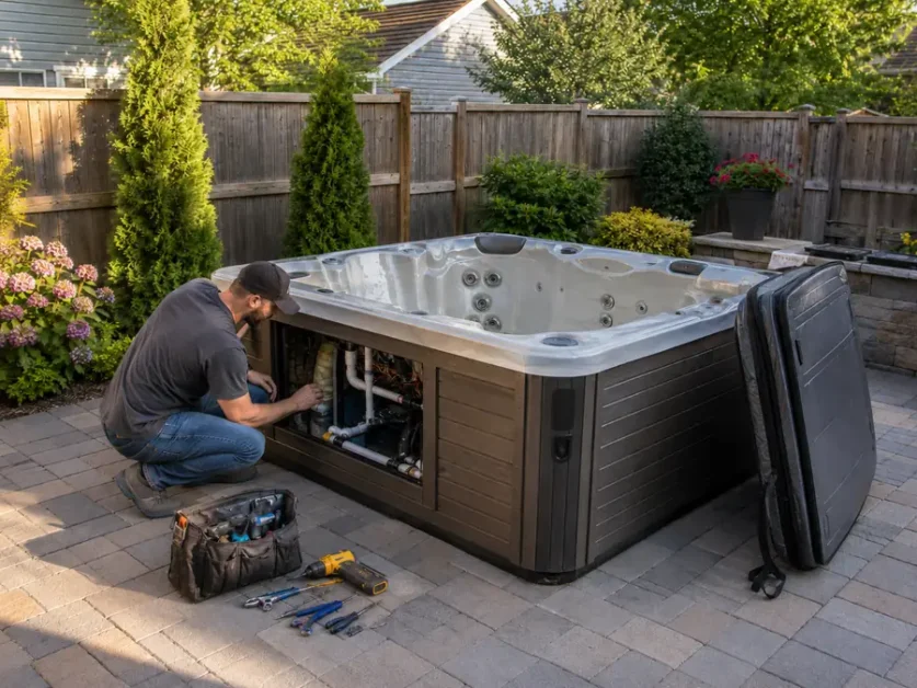 How to Lift a Hot Tub for Repair Safely 3 Man repairing the inside components of a hot tub in a backyard