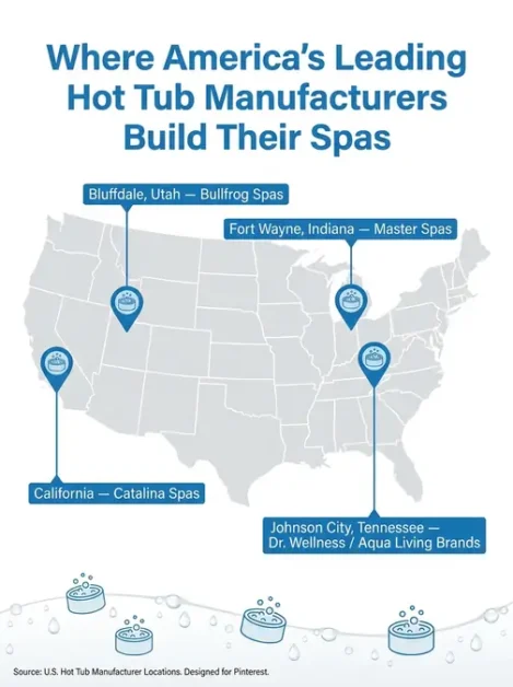 Hot Tubs Made: Where They're Built, Top U.S. Manufacturers & Buying Guide 2 Map of the United States showing locations of leading hot tub manufacturers