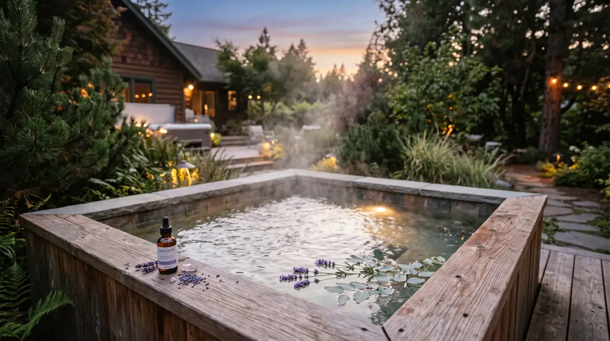 Steaming wooden hot tub with lavender and essential oil bottle on its edge at sunset