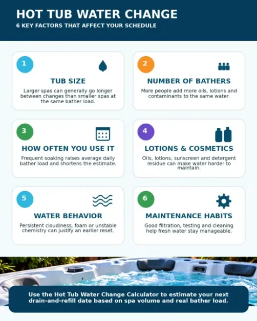 Hot Tub Water Change Calculator: When to Drain & Refill 2 02 infographic key factors